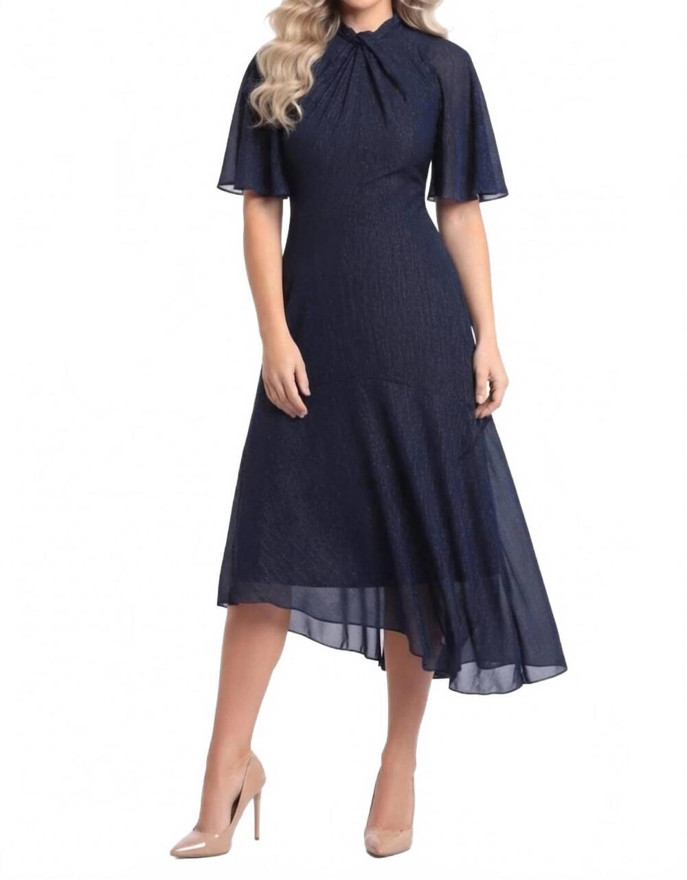 NEW MAGGY LONDON metallic chiffon twist mock neck midi dress in royal navy